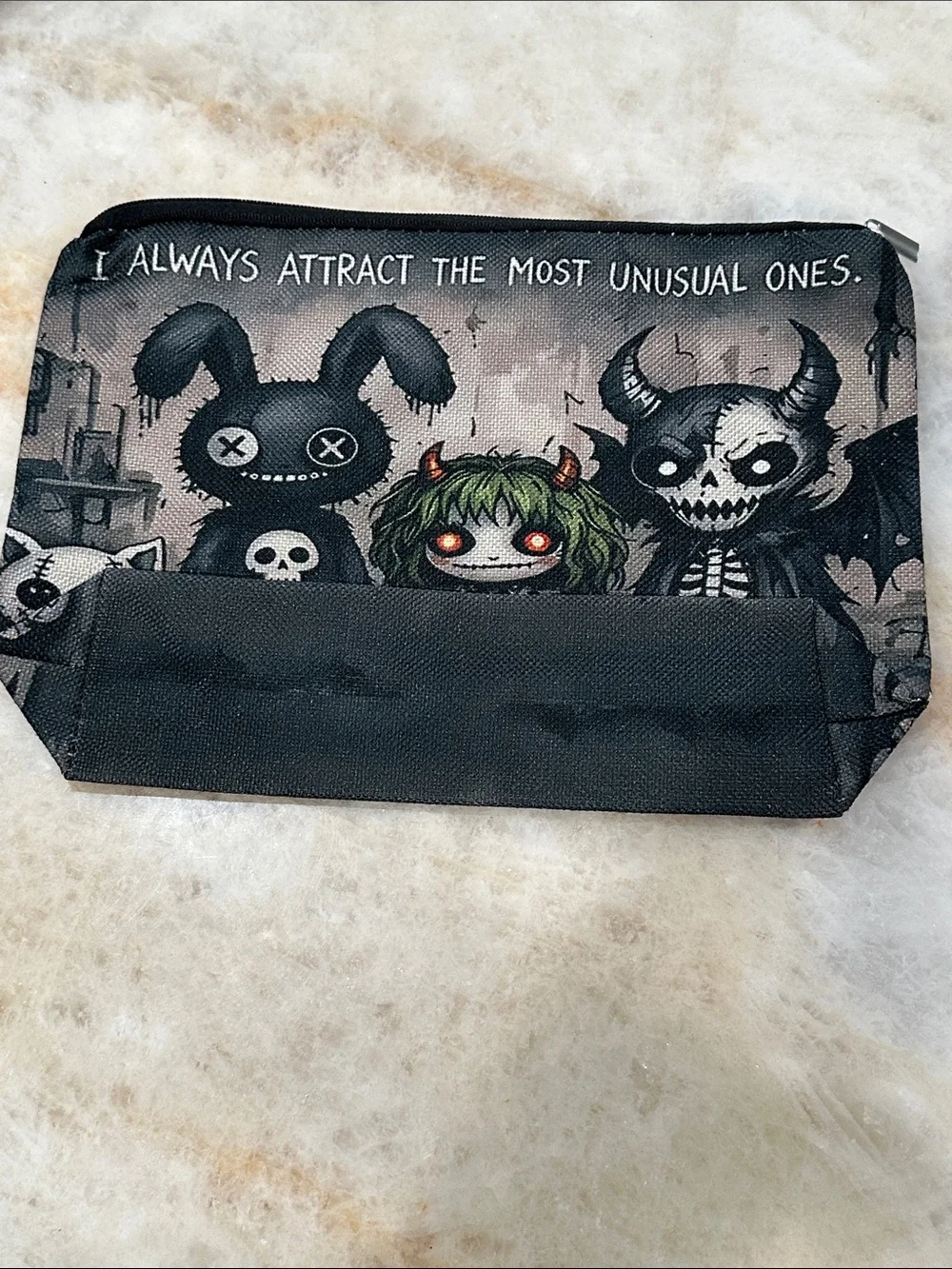 Gothic Cute Character Zip Pouch - Black & Gray with Green Accents